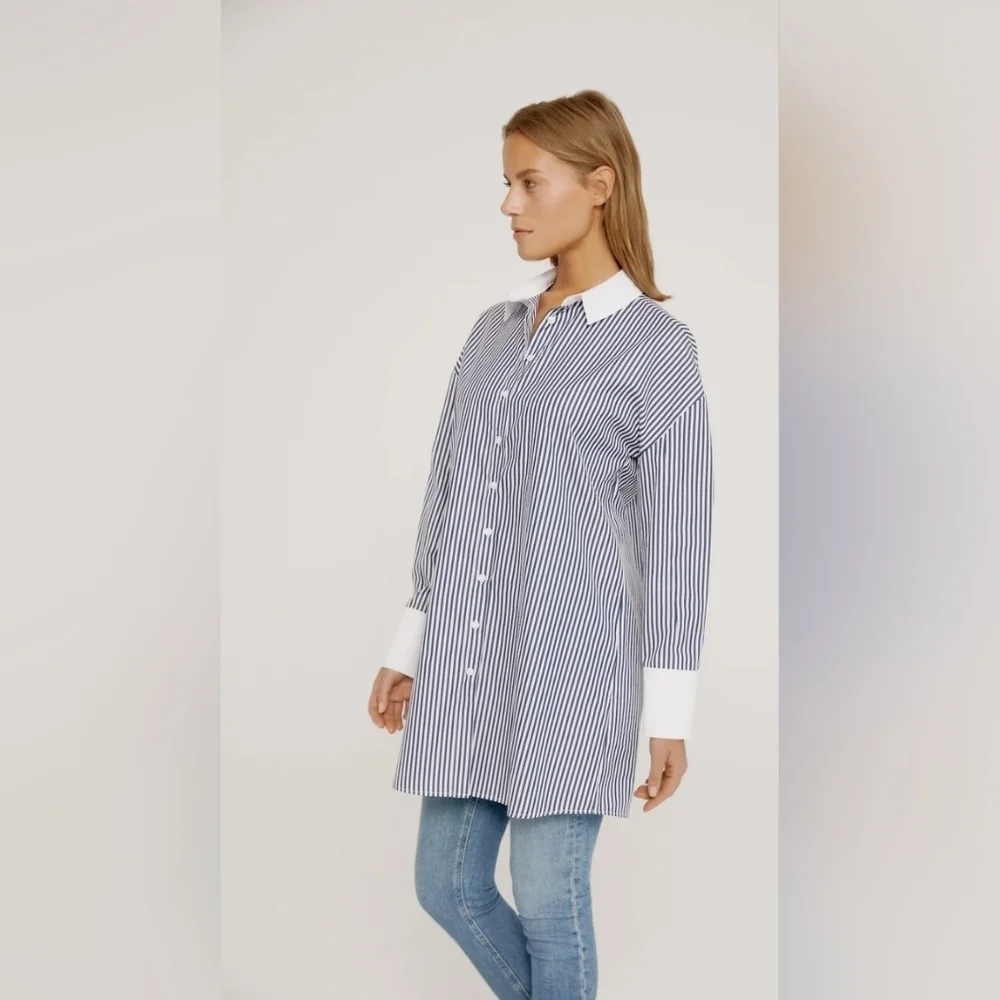 NWT! Harshman,Justine Striped Button-Down Tunic, Navy Stripes,Size XS -MSRP $205 - Picture 3 of 8